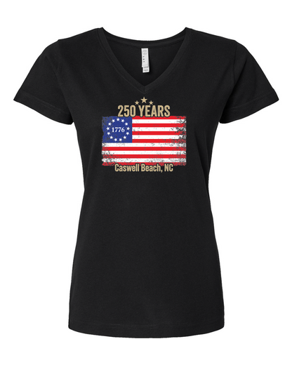 Caswell 250th USA Flag Women's V-Neck T-Shirt #3507 (Click to see all available colors)