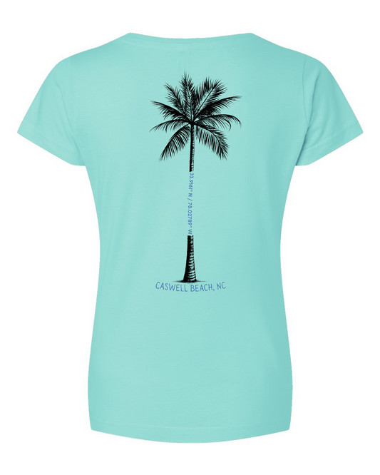Caswell Palm Tree Longitude Latitude Women's V-Neck T-Shirt #3507 (Click to see all available colors)