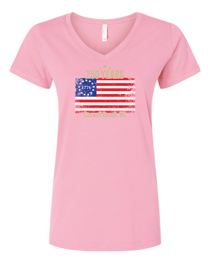 Caswell 250th USA Flag Women's V-Neck T-Shirt #3507 (Click to see all available colors)